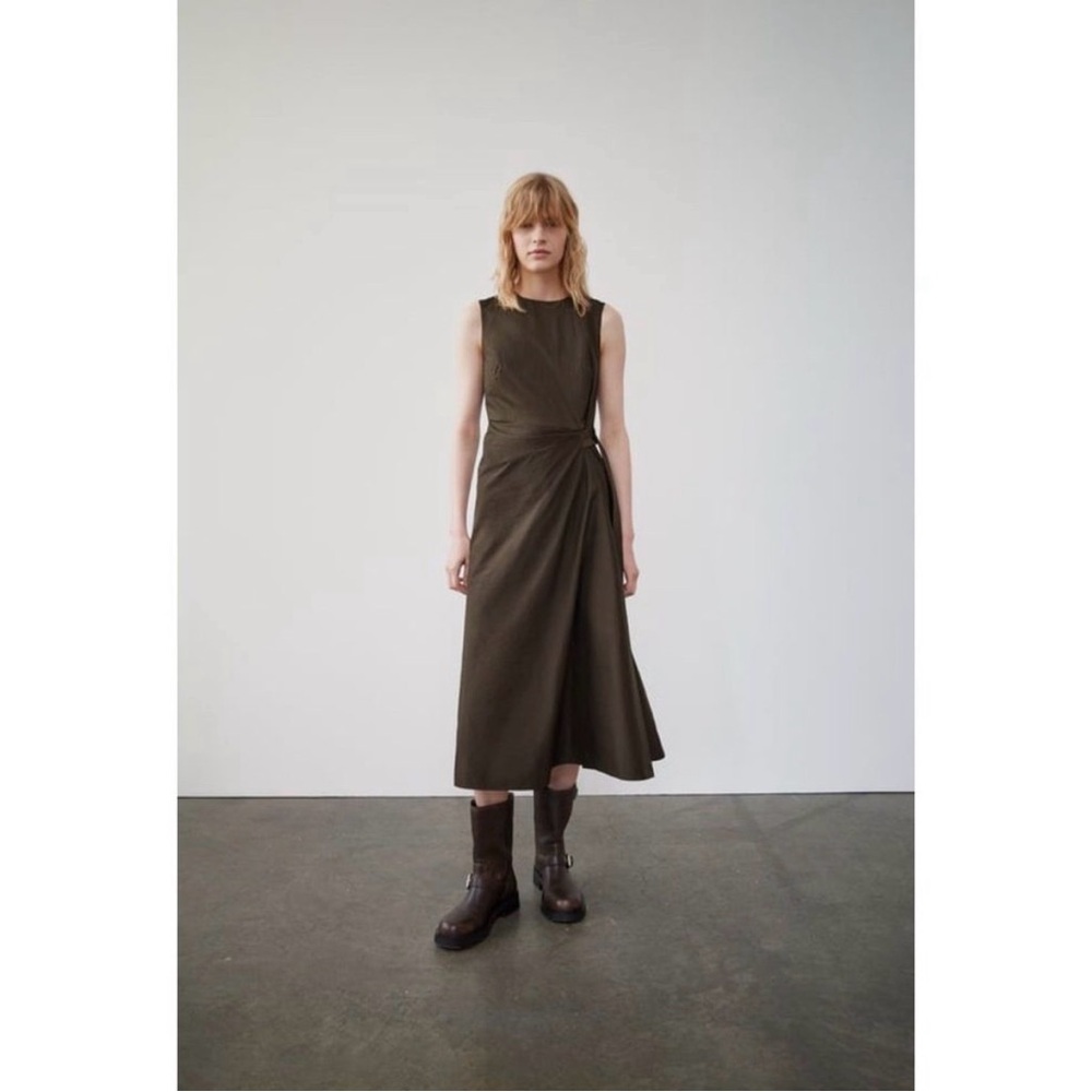 Zara Collection Sleeveless faux-wrap Midi Dress in Olive